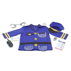 a blue uniform with yellow stripes on the collar and chest, hat, keys, and other items