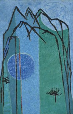 an abstract painting with trees and mountains in the background is blue, green, and black