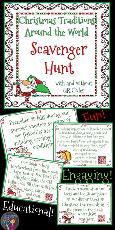 a christmas themed poster with the words scavenger hunt and an image of santa claus