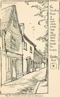 an old drawing of a street with houses on the side and trees in the background