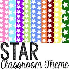 the star classroom theme is featured in this rainbow background with black and white stars on it