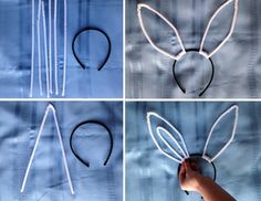 four pictures showing how to make bunny ears out of string and yarn, with scissors