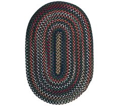 the oval rug is made from braiding and has multicolored stripes on it