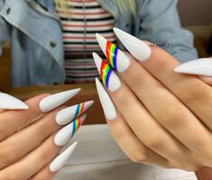 White Nails With Rainbow Designs, Neon Pride Nails, Gay Pride Nails Acrylic, Pride Nails Stiletto, Pride Themed Nails, Pride Nails Almond, Pride Nails Simple, White Nails With Colorful Designs, Rainbow Stiletto Nails