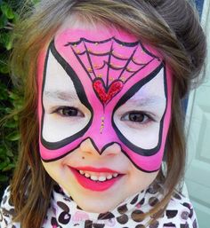 Little girl face painted as Spidergirl! This pink and white mask is perfect for a little superhero in disguise Spidey And His Amazing Friends Face Paint, Halloween Face Painting Ideas, Jesus Superhero, Dinosaur Face Painting, Painted Characters, Halloween Face Painting, Hero Ideas, Mask Face Paint