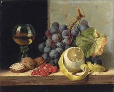 a painting of grapes, oranges and other fruit on a ledge next to a glass of wine