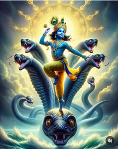 the god is riding on top of two snakes