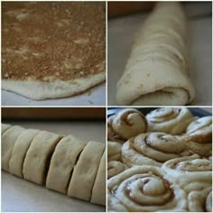 four pictures showing different stages of making pizzas and doughnuts with cinnamon rolls