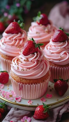 cupcakes with pink frosting and strawberries on a plate