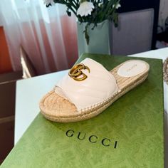 Gucci Espadrille Sandals Eu 35 Usa 5 Original Box And Two Dust Bags Included! 100% Original Gucci Open Toe Espadrilles For Vacation, Gucci Beach Sandals For Spring, Gucci Sandals With Round Toe For Vacation, Luxury Gucci Sandals For Vacation, Luxury White Flat Heel Sandals, Gucci Sandals For Spring Vacation, Gucci Casual Espadrilles For Vacation, Casual Gucci Espadrilles For Vacation, Luxury White Flat Sandals