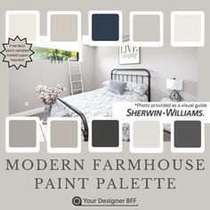 the modern farmhouse paint palette is shown in shades of gray, white and greys