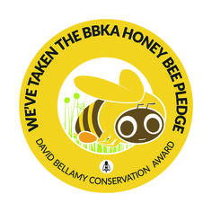 a yellow and black logo with a bee on it's chest, says we have taken the bka honeybee bridge