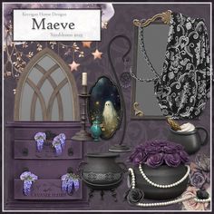 an image of a set of items in the style of maeve with purple flowers