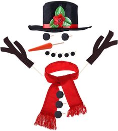 a snowman made out of felt and yarn with black gloves, red scarf, hat, nose, eyes, hands