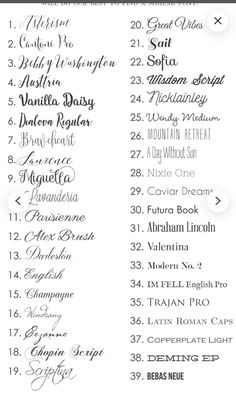 a list of the names and numbers for different types of writing