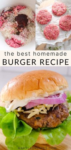 the best homemade burger recipe is made with hamburger patties, lettuce and onions