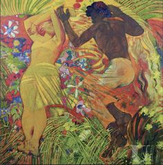 a painting of two women dancing in the grass with flowers and plants around them,