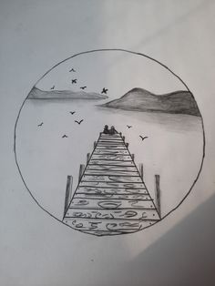 a drawing of a pier with birds flying over it