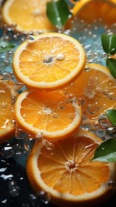 oranges are being washed in water with leaves on the side and bubbles around them