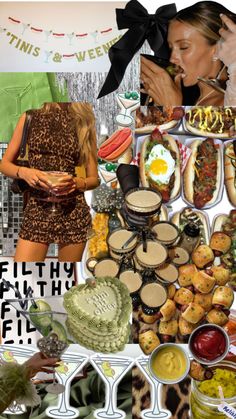 there is a collage of pictures with food and drinks on it, including cake