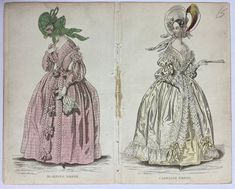 two women's dresses, one in pink and the other in green from an old fashion book