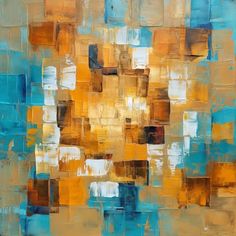 an abstract painting with blue, yellow and brown squares on the bottom half of it