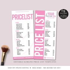 the price list is displayed next to a brush on a pink background with white lettering