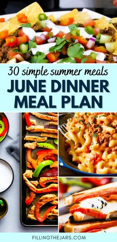 Text 30 simple summer meals June dinner meal plan on light turquoise banner over multiple finished dinner images. Monthly Menu Ideas, Monthly Dinner Menu Ideas, Simple Summer Dinners, Dinner Meal Plan, Monthly Meal Plan, Summer Meal Planning