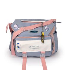 Cute-Korean-Messenger-Bag-front Harajuku Style Travel Shoulder Bag With Removable Pouch, Harajuku Style Shoulder Bag With Removable Pouch For Travel, Trendy Rectangular Canvas Bag For Students, Blue School Satchel, Trendy Rectangular Student Canvas Bag, Cute Portable Shoulder Backpack Bag, Harajuku Style Travel Shoulder Canvas Bag, Harajuku Style Canvas Shoulder Bag For Travel, Harajuku Style Travel Canvas Shoulder Bag