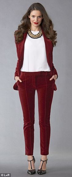 Amazing velvet suit Lady Suits, Business Casual Trousers, Ladies Trouser Suits, Lady Suit, Types Of Suits, New Year's Party, Red Trousers