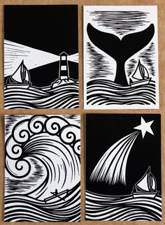 four black and white paintings depicting whale tails in the ocean with sailboats on them