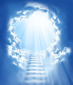 stairway to heaven with clouds in the sky and sun rays coming out from behind it