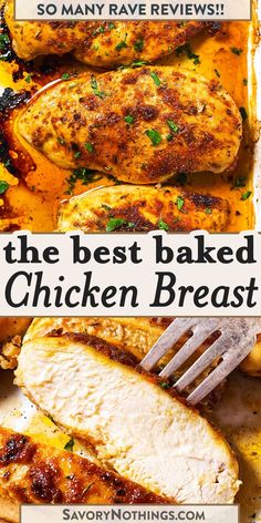 the best baked chicken breast recipe is shown in this image with text overlays