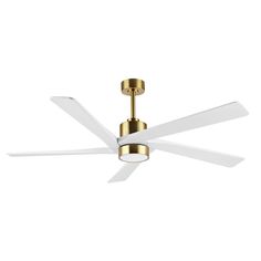 Keep your space cool without sacrificing on style with this sleek, clean-lined ceiling fan. Five solid wood blades pairing the metal shell reflect the elegant design of the fan and deliver highly efficient air. The quiet, reversible DC motor allows you to change the fan's direction seasonally for cooling relief in summer and better distribution of warm air in winter. Its integrated LED light illuminates you living space and keep your home inspired. GETLEDEL 64-in Gold with White Blades Color-cha Modern Ceiling Fan Bedroom Gold, Gold Ceiling Fan Without Light, 36” Ceiling Fan, 62” Ceiling Fan With Dimmable Light, 44 In. 46 In. Indoor Ceiling Fans Modern Retro, Decor Lighting, Ceiling Fan With Light, Ceiling Fan, Lake House