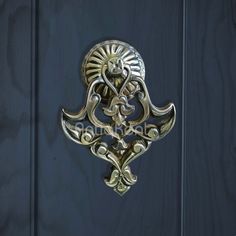 an ornate door handle on a wooden door