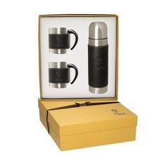 two stainless steel coffee mugs in a gift box with matching black and silver cups