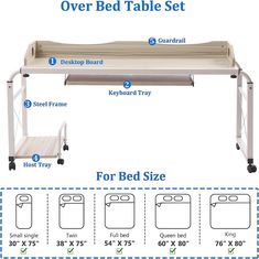 the bed table set is shown with measurements