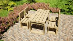 a wooden table and chairs sitting on top of a brick patio next to purple flowers