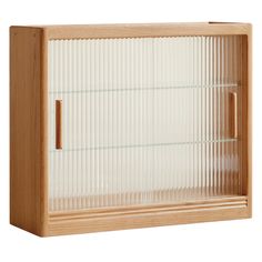 a wooden cabinet with glass doors on the front and bottom shelves in light wood, isolated against a white background