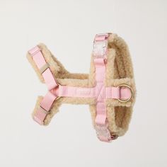 a pink dog harness attached to a white wall