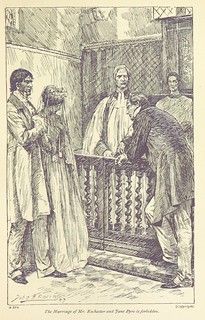 an old drawing of two men standing in front of a door with another man looking at him