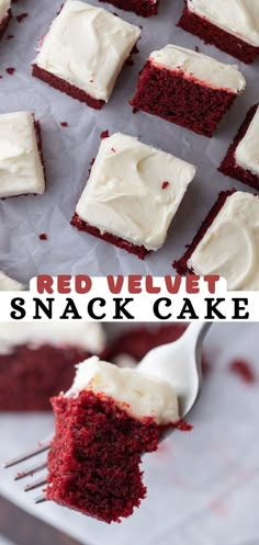 a red velvet cake with white frosting on top and in the background, there is a bite taken out of it