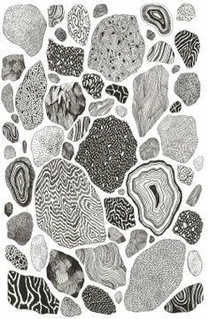 black and white drawing of rocks with different patterns on them, including one in the middle