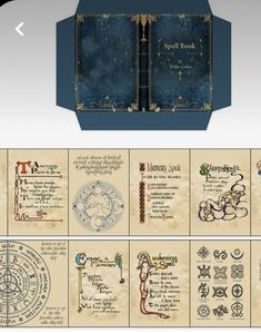 an open book with many different designs on the front and back cover, in blue