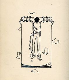 a drawing of a man hanging upside down