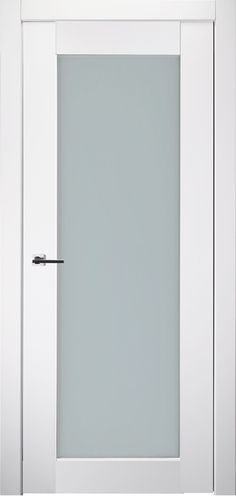 an open white door with a black handle on the front and side glass paneling