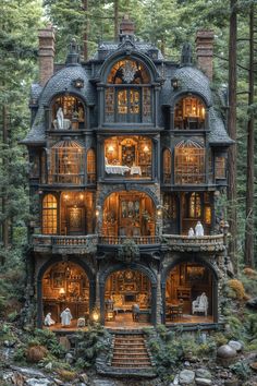 an elaborately designed house in the woods