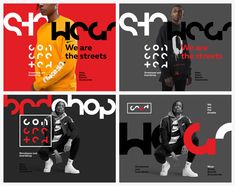 four different styles of clothing advertise the brand's logo and slogans