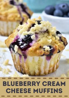 blueberry cream cheese muffins with text overlay