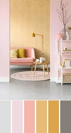 a living room with pink, yellow and white colors in the walls is shown here